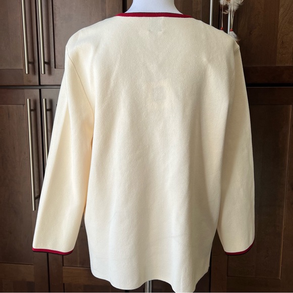 Anne Klein Ivory Knit Red Trim 4 Pockets Cardigan Embossed Gold Anchor Button XL - Picture 11 of 17